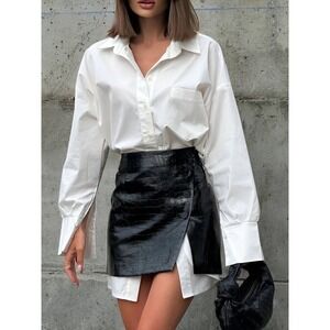 Commense Chic White‎ Oversized Button Down Shirt Black Faux Leather Skirt Set M